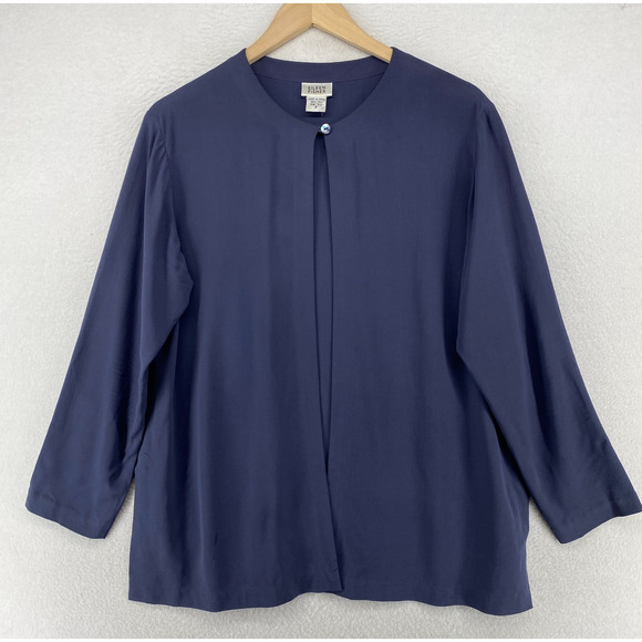 EILEEN FISHER Top S 90s Silk Twill Blouse One Button Long Sleeve Blue Vintage - Picture 1 of 14